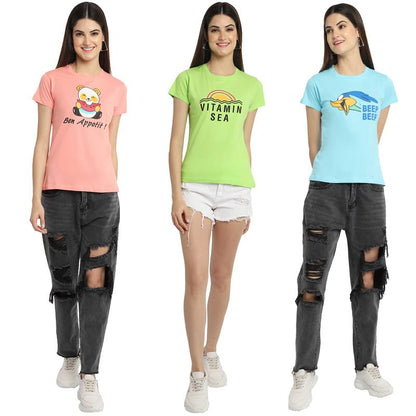 Preneum Womens Cotton Regular Fit Latest Graphic Stylish Printed Short Sleeves Casual T-Shirt || Trending & Style (Pack 3), Pin