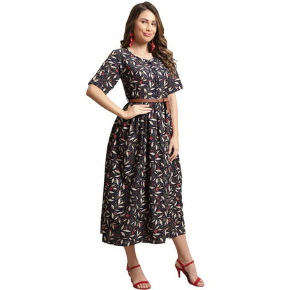 Preneum WomenS Georgette Floral Printed 3/4 Slevees A-Line Fit & Flare Gown With Beltindo-Western Ethnic Gown || A-Line Maxi Dr