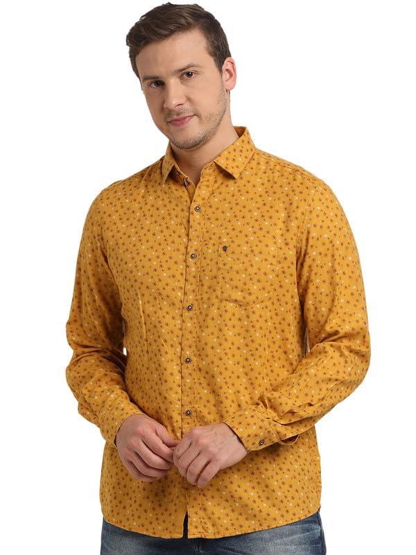 Turtle Men Cotton Lyocell Mustard Printed Slim Fit Full Sleeve Casual Shirt