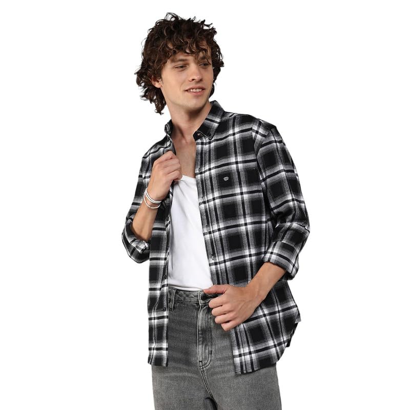 Campus Sutra Mens Midnight Black & Chalk White Brushed Buffalo Check Shirtfor Casual Wear | Spread Collar | Long Sleeve | Butto