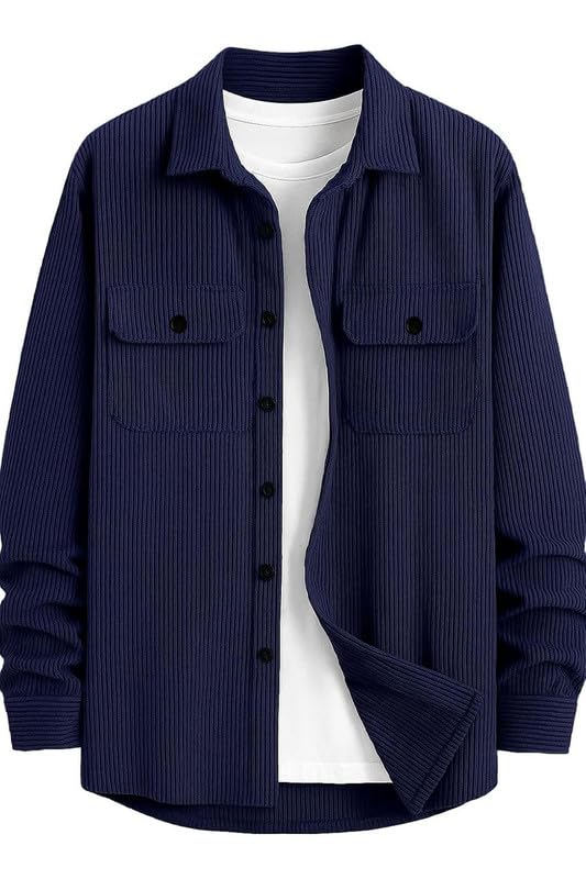 Deelmo MenS Full Sleeve Corduroy Shirt | Stylish Textured Casual Button-Down Shacket For Autumn Winter | Dual Pocket Front Desig