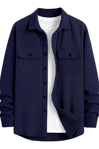 Deelmo MenS Full Sleeve Corduroy Shirt | Stylish Textured Casual Button-Down Shacket For Autumn Winter | Dual Pocket Front Desig