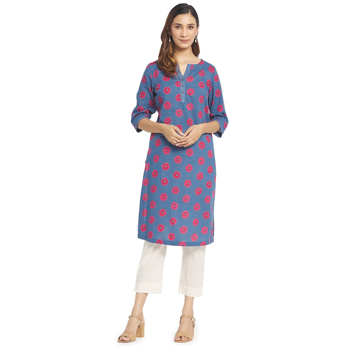 Fabindia Women Cotton Straight Knee Length Kurta Blue_M