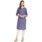 Fabindia Women Cotton Straight Knee Length Kurta Blue_M