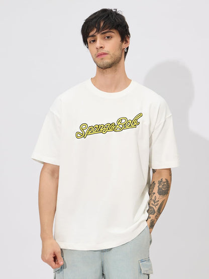 The Souled Store Official Spongebob: Bad Choices Men and Boys Short Sleeves Round Neck White Graphic Printed Cotton Oversized T-