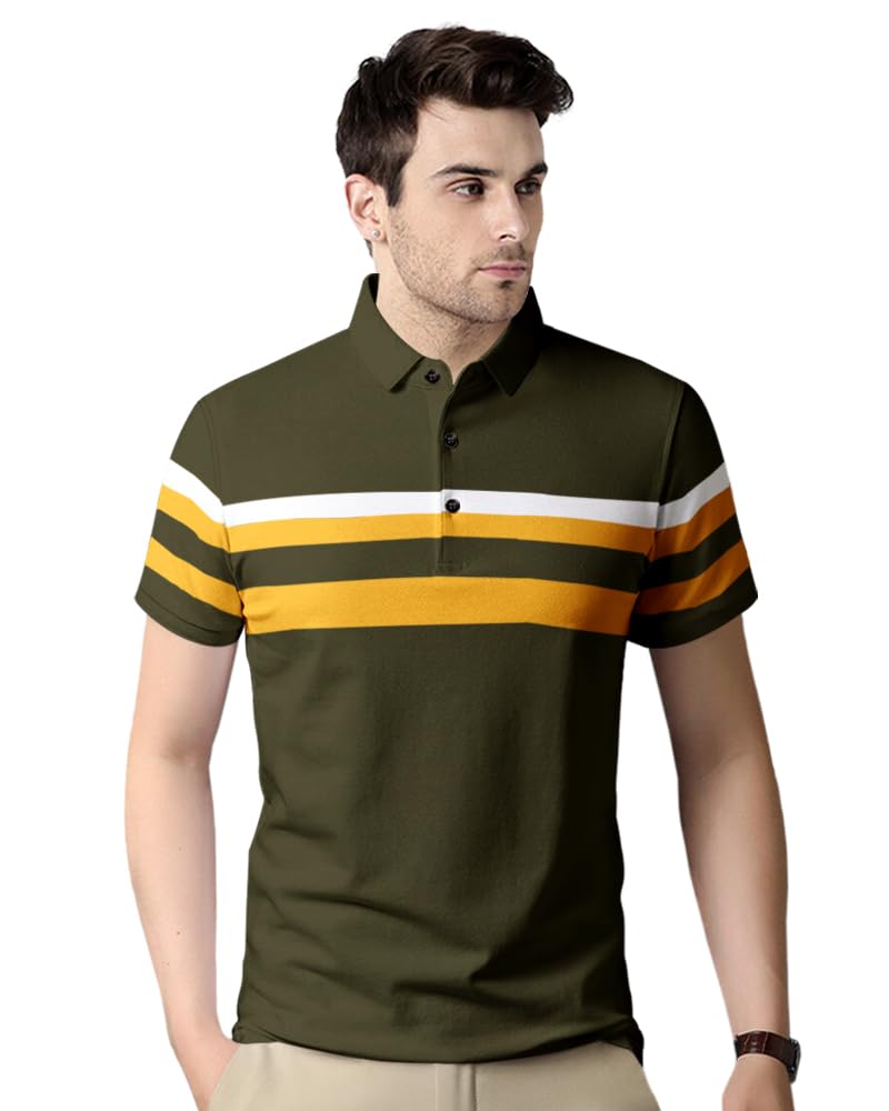 Noble Monk MenS Regular Fit Polo Neck T-Shirt | Half Sleeve | Stripe On Chest | Collared Neck Tshirt For Men