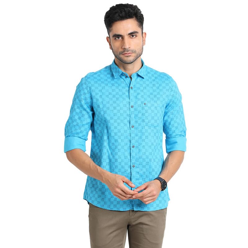 Turtle Men 100% Cotton Light Blue Printed Slim Fit Full Sleeve Casual Shirt