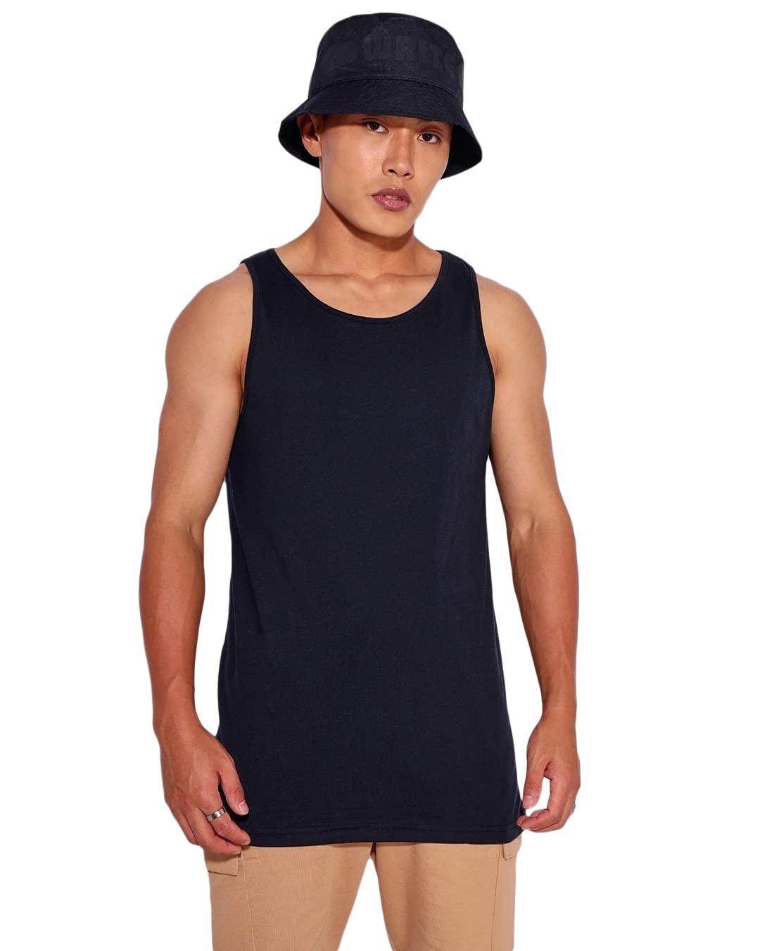 Bewakoof Mens Solid 100% Cotton Vest- Regular Fit, Round Neck, Sleeveless Blue