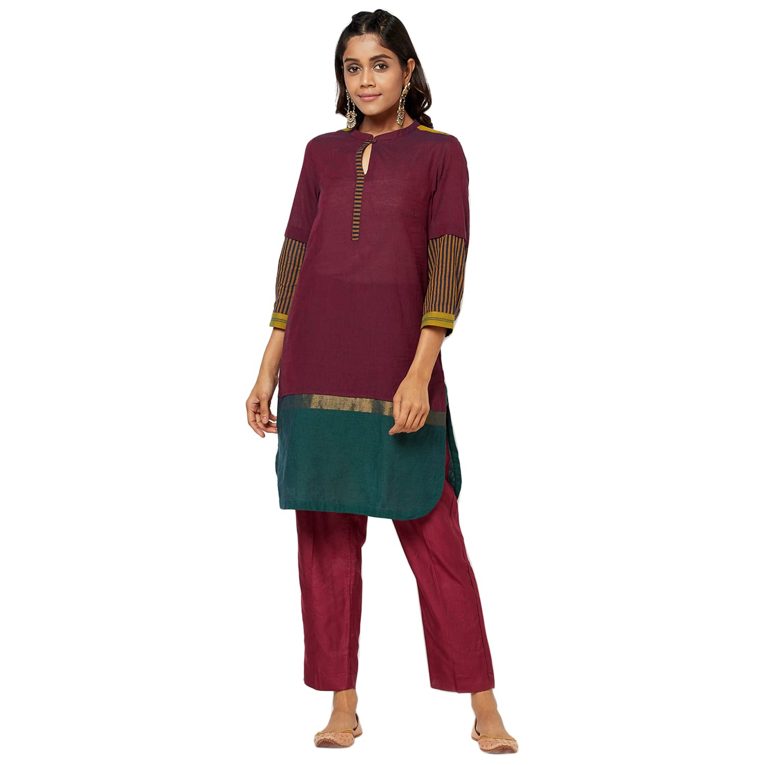 Fabindia Cotton Nagari Striped Tunic (Maroon-10697393)