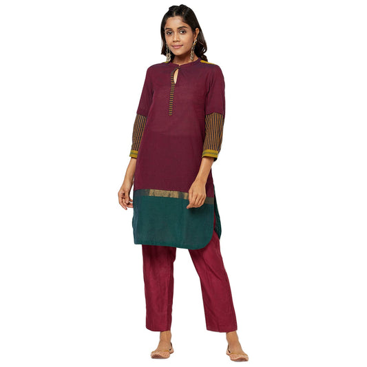 Fabindia Cotton Nagari Striped Tunic (Maroon-10697393)