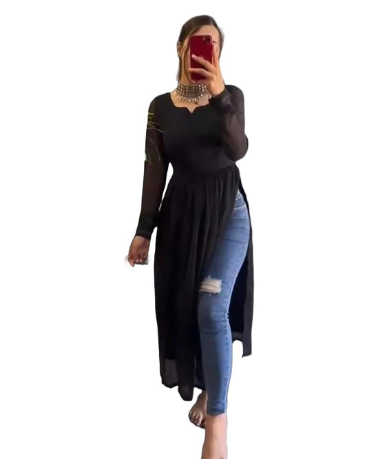 Fashion2Wear WomenS Solid Georgette Kurta With Crew Neck Long Sleeves Flared A-Line Calf Length | Kurta For Women Stylish | Bla