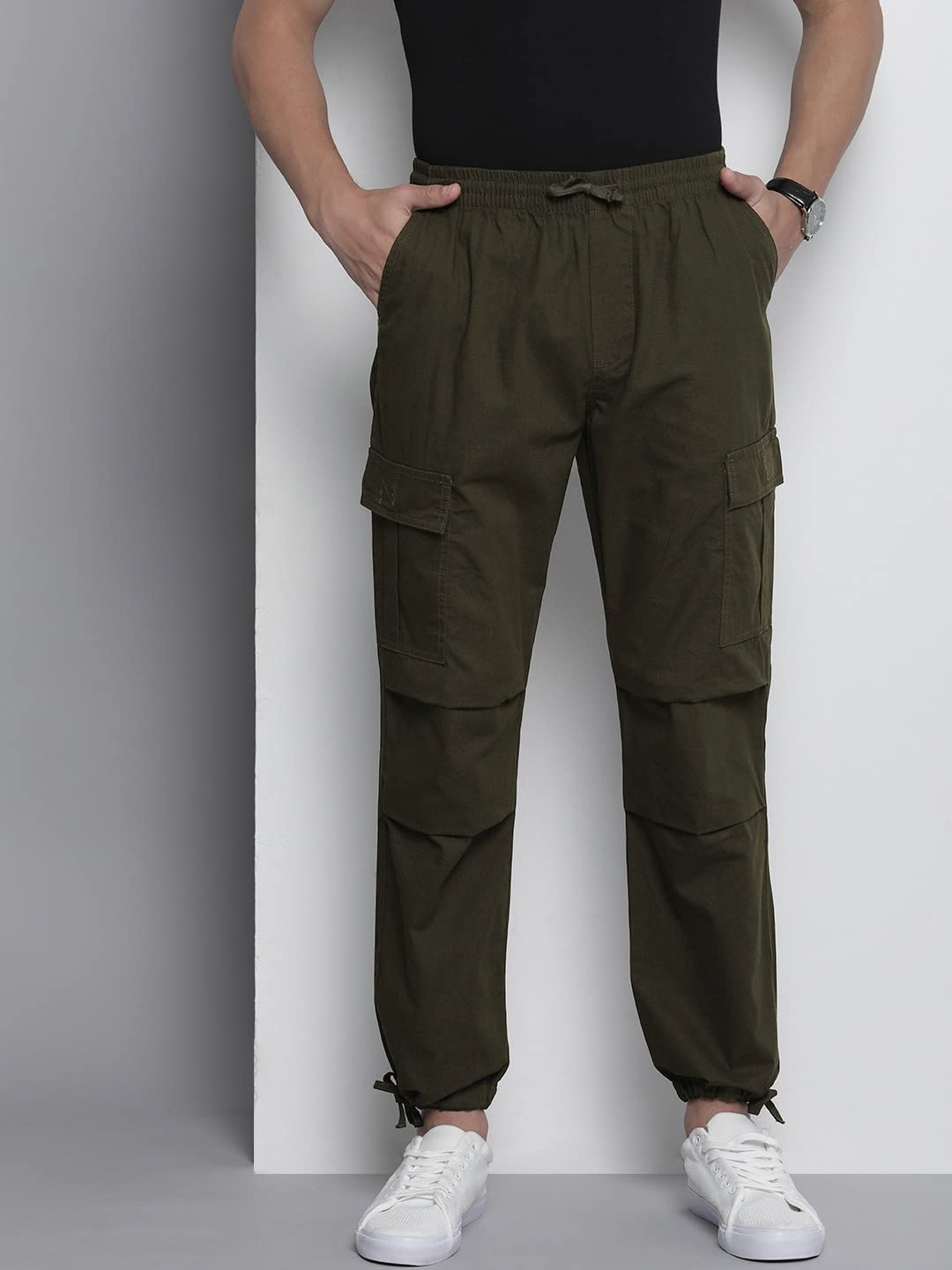 The Indian Garage Co Men Relaxed Fit Solid Mid-Rise Elasticated Cargos Dark Olive