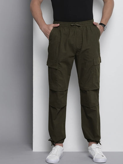 The Indian Garage Co Men Relaxed Fit Solid Mid-Rise Elasticated Cargos Dark Olive