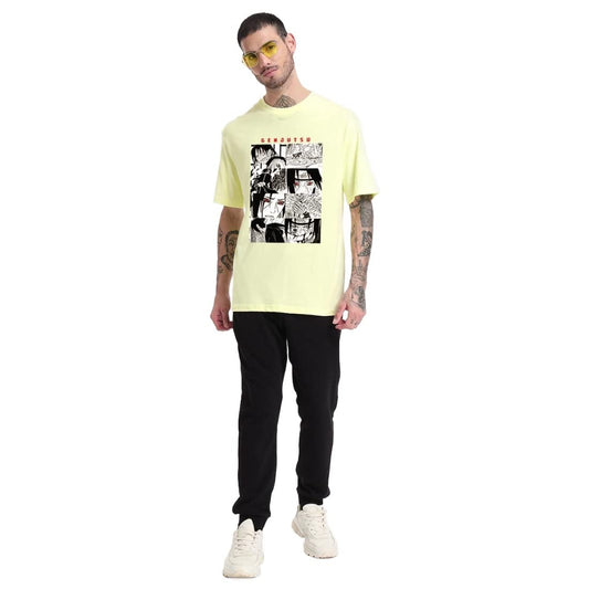Bewakoof Mens GANJUTSU Graphic Print 100% Cotton T-Shirt- Relaxed Fit, Round Neck, Half Sleeves Yellow