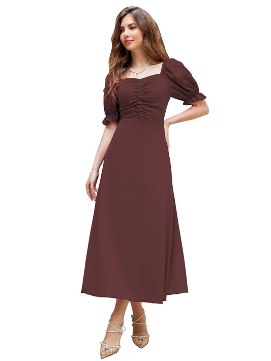 Shasmi GirlS & WomenS Solid Brown A-Line Ruched Puff Sleeve Maxi Long Evening One Piece Long Dress For Women Stylish (Dress 13