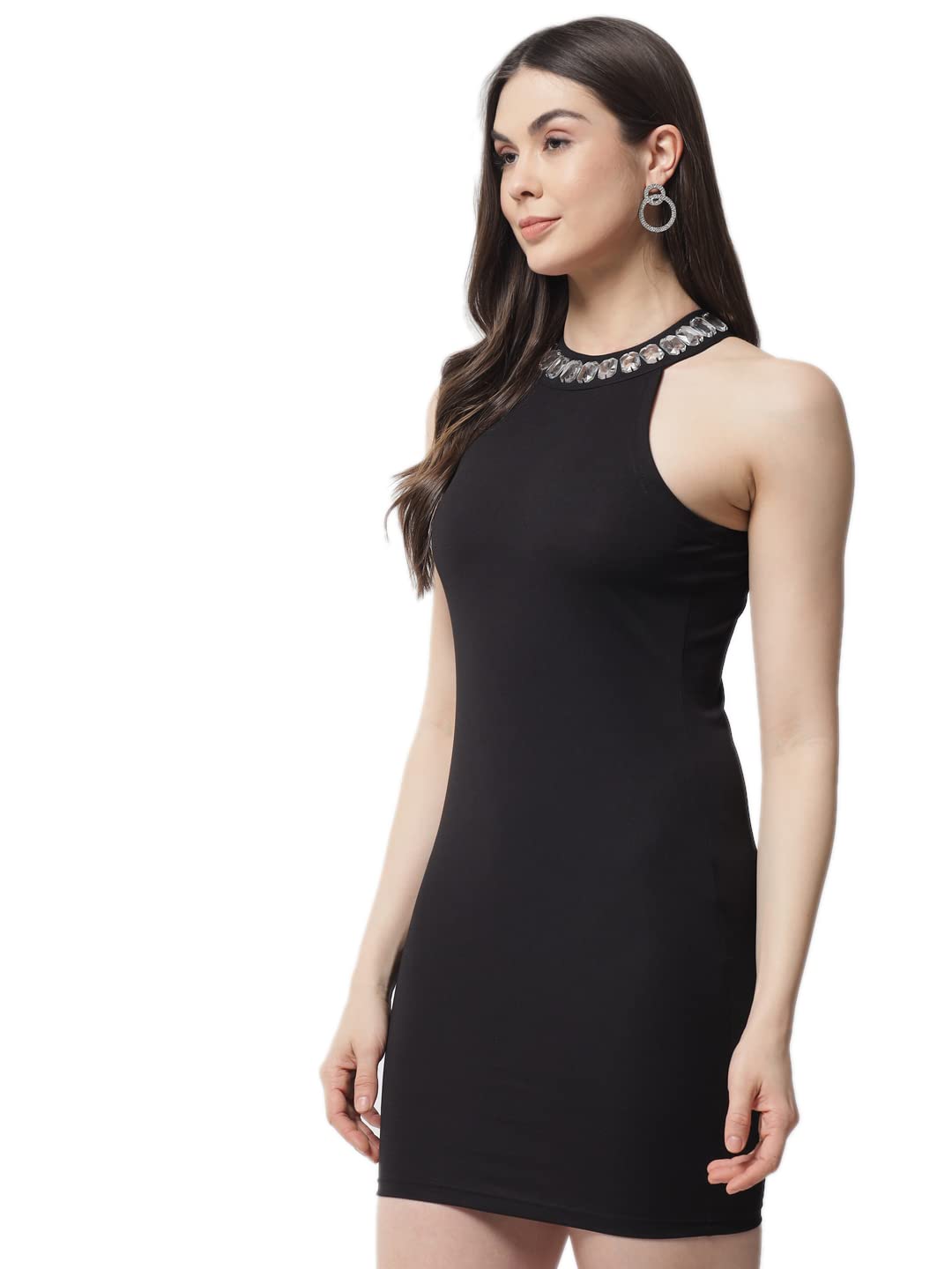 Popwings Solid Halter Neck Bodycon Dresses For Women| Polyester Sleeveless Knee Length Bodycon Women Dress Black