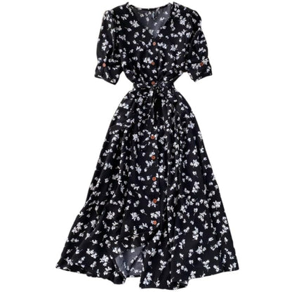 Gufrina Dresses For Women Half Sleeve || Floral Print || V-Neck And Puff Sleeves || Front Open Button & Tie-Up || Midi Dress (Bl