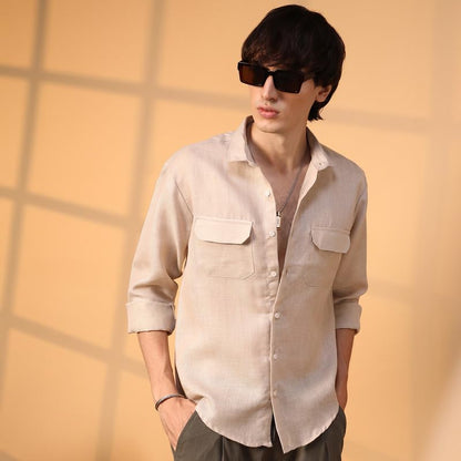 Campus Sutra Mens Khaki Beige Solid Utility Shirt for Casual Wear | Spread Collar | Long Sleeve | Button Closure | Shirt Crafte