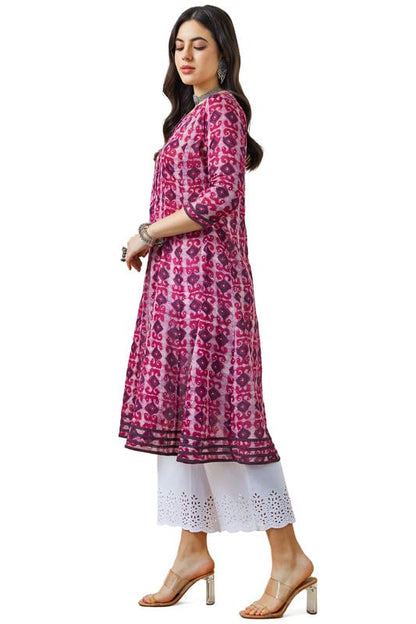Soch Womens Magenta Cotton Slub Ajrak Print Panelled A Line Kurta