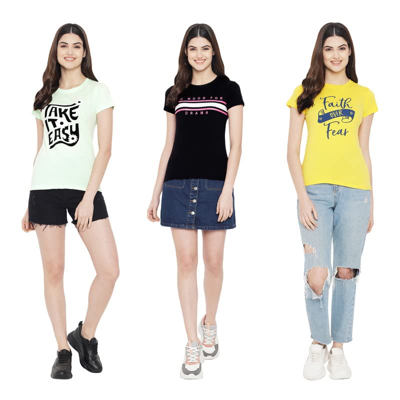 Preneum Womens Cotton Regular Fit Latest Graphic Stylish Printed Short Sleeves Casual T-Shirt || Trendy & Styling (Pack 3), Gre