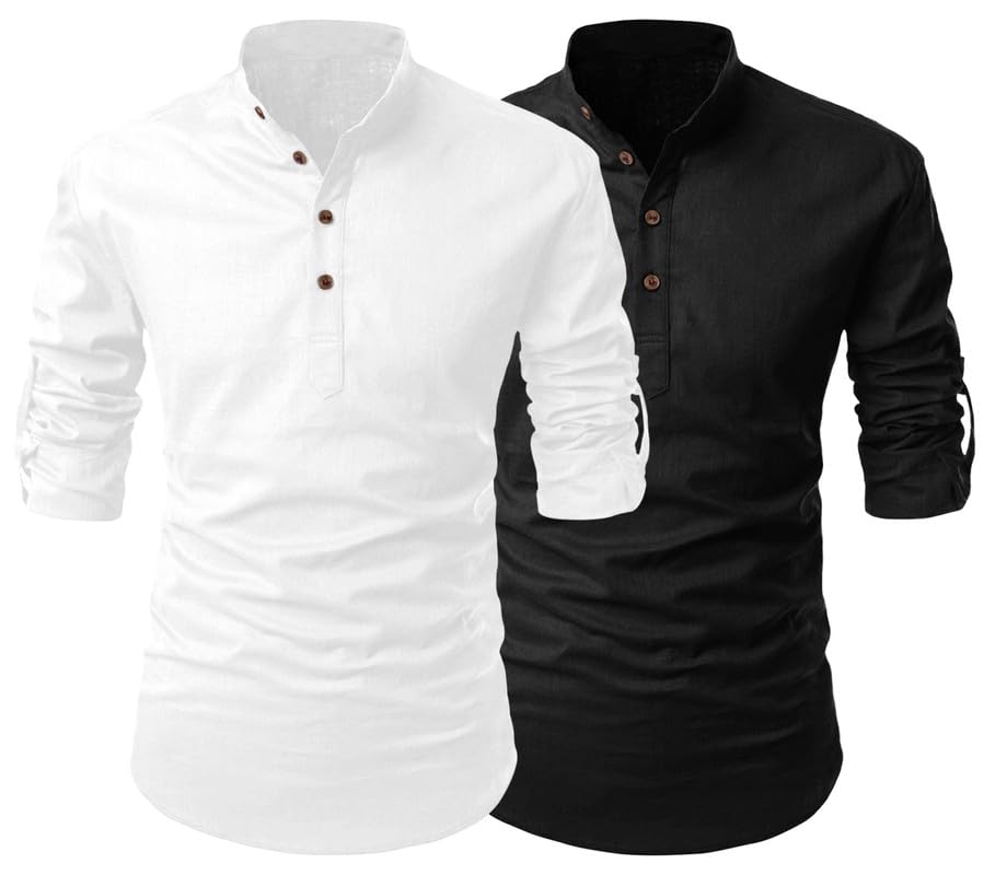 Finivo Fashion Combo Of MenS Regular Fit Cotton Blend Solid Full Sleeves Kurta | Short Kurta For Men (Pack Of 2)