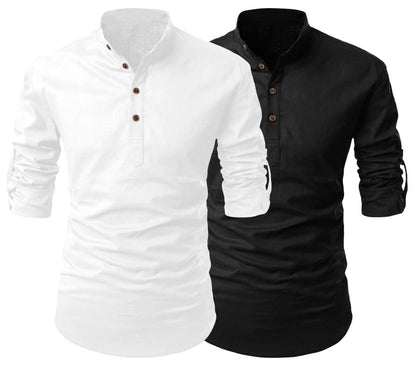 Finivo Fashion Combo Of MenS Regular Fit Cotton Blend Solid Full Sleeves Kurta | Short Kurta For Men (Pack Of 2)