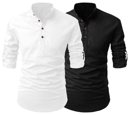 Finivo Fashion Combo Of MenS Regular Fit Cotton Blend Solid Full Sleeves Kurta | Short Kurta For Men (Pack Of 2)