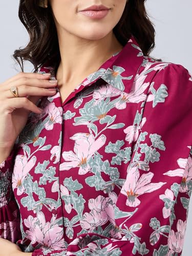 Style Quotient Women Maroon and Multi Floral Printed Polyester Regular Fit Smart Casual Shirt