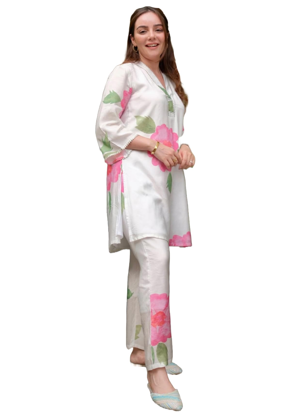 ANNI DESIGNER Womens Chanderi Cotton Straight Printed Co-Ord Set (Lace Cream Co-ord-NKL_XL_Cream_X-Large)