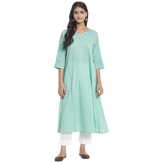 Fabindia Women Cotton Chikankari Long Kurta Blue
