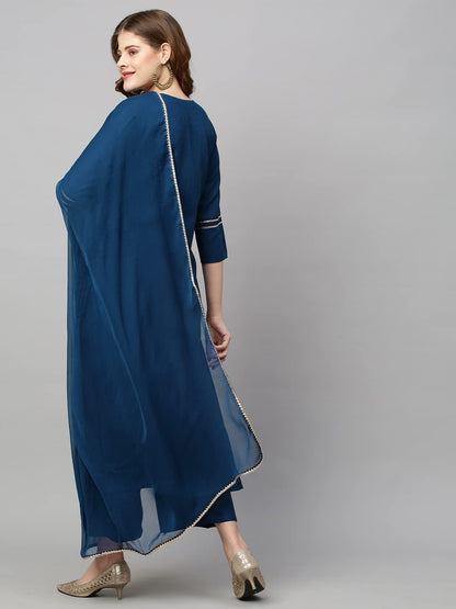 ANNI DESIGNER Womens Cotton Blend Straight Embroidered Kurta with Pant & Dupatta (Mahuni) Blue