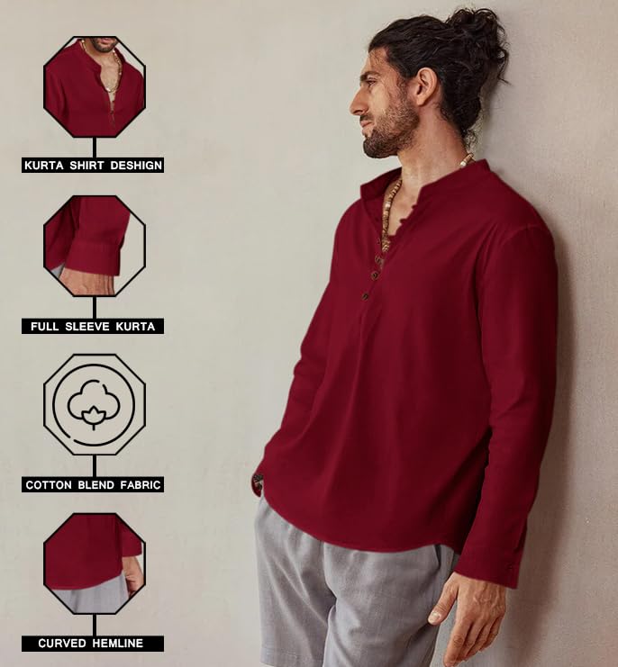 ROYALSCOUT Mens Cotton Solid Full Sleeve Short Kurta Shirt Maroon