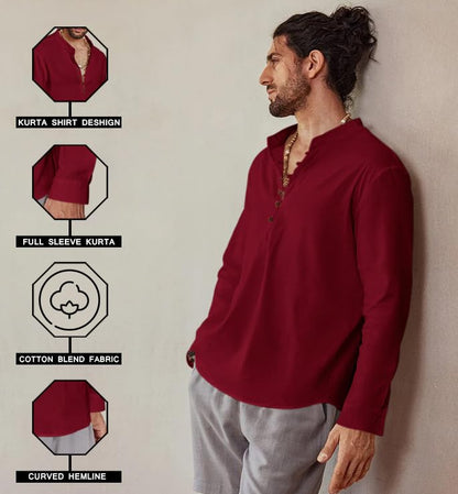 ROYALSCOUT Mens Cotton Solid Full Sleeve Short Kurta Shirt Maroon