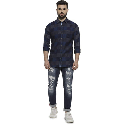 Campus Sutra Mens Denim Blue Buffalo Checked Shirt for Casual Wear | Spread Collar | Long Sleeve | Button Closure | Cotton Shir