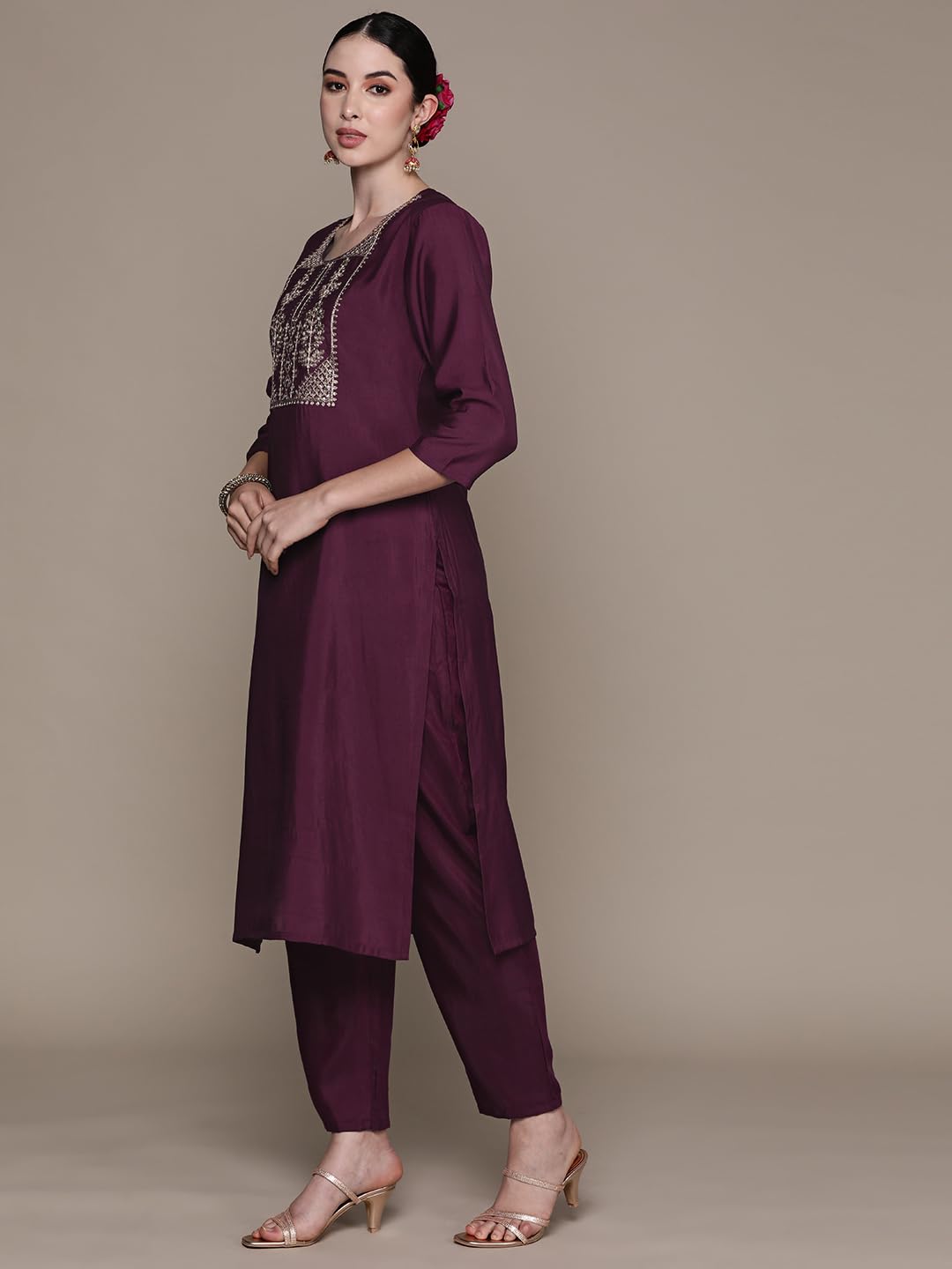 anubhutee Women's Silk Blend Embroidered Purple Straight Kurta Suit Set with Pants