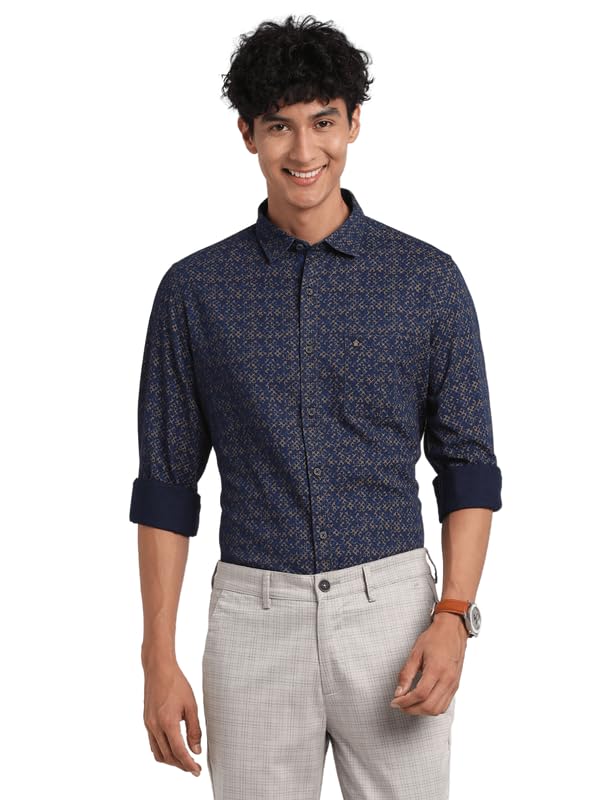 Turtle Men Pure Cotton Navy Blue Self Design Slim Fit Casual Shirts
