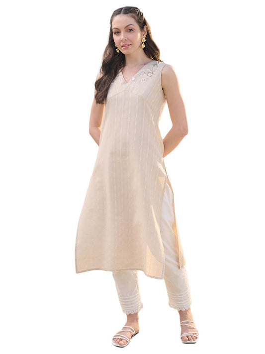 Stylum Women's Solid & Embroidered Cotton Blend Straight Kurta (BEIGENIMO_Beige)