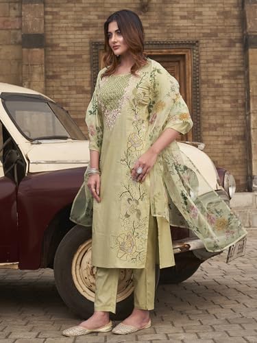 Womanista Women's Cotton Blend Solid Straight Embroidered Kurta Set