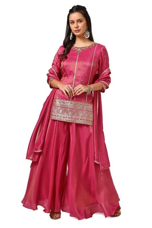 Soch Womens Fuchsia Tissue Embroidered Suit Set With Sequence Work