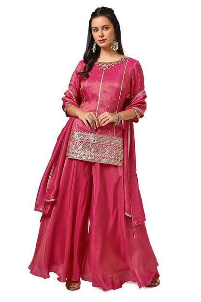 Soch Womens Fuchsia Tissue Embroidered Suit Set With Sequence Work