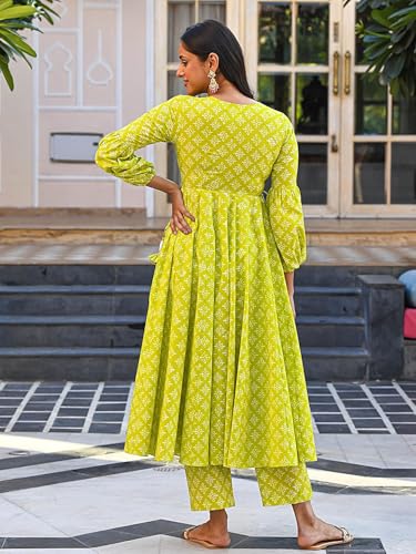 Pinkmint Straight Cut Muslin Kurta & Pant with Dupatta for Women l Ethnic Suit with Long Puff Sleeve Kurta Sets Light Green