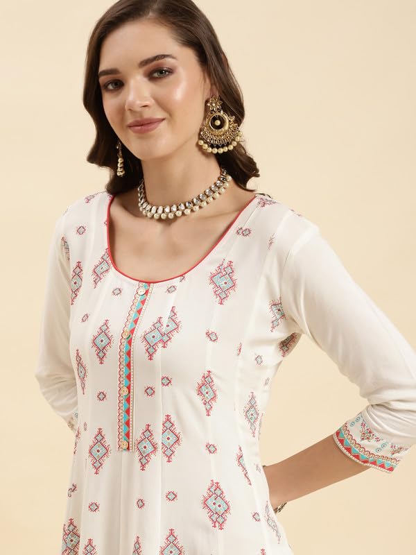 rangita Off White Rayon Calf Length Printed Flared Kurti for Women | Kurta for Women