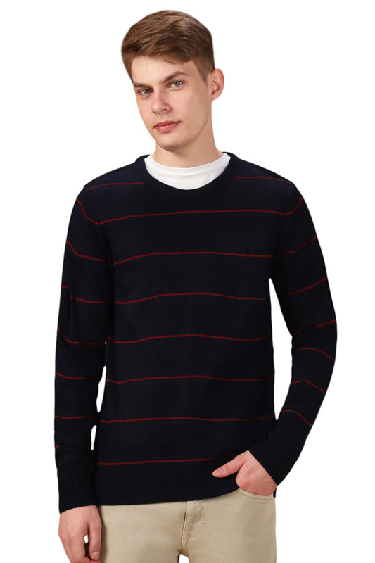 Dennis Lingo Men Stripes Acrylic Regular Fit Full Sleeves Pullover Sweater Navy Blue