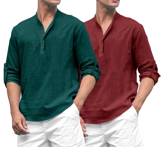 ROYALSCOUT Combo of Mens Solid Cotton Blend Full Sleeve Straight Kurta Shirt (Pack of 2) Green-Maroon