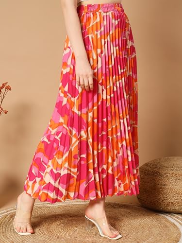 Kzully Women Polyester Crepe Western Maxi Skirt Orange