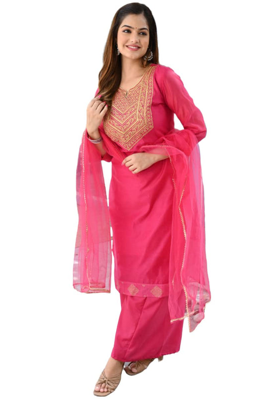 GoSriKi Women's Cotton Blend Straight Solid Kurta with Palazzo & Dupatta (With Rani-GO)