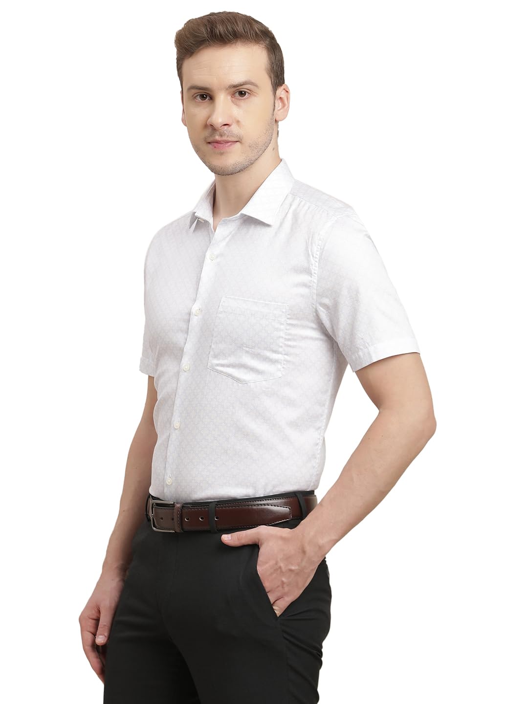Turtle Men 100% Cotton Slim Fit White Digital Printed Half Sleeve Formal Shirt