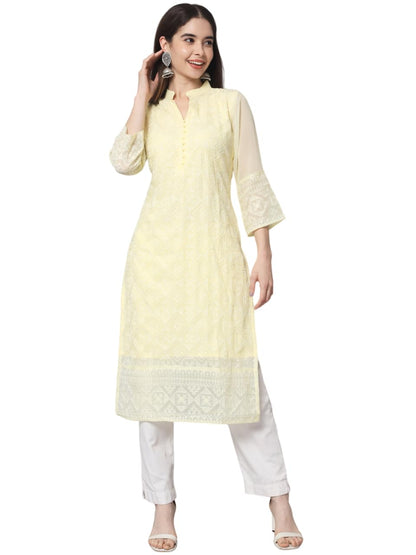 Ekasya WomenS Georgette Straight Cut Notch Neck Kurta With Beautiful Embroidery Work (E1547) Yellow