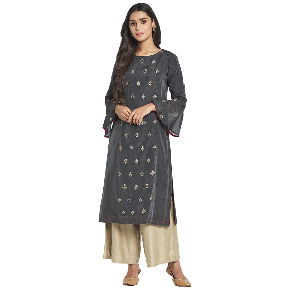 Fabindia Women Cotton Silk Embroidered Slim Fit Long Kurta Grey