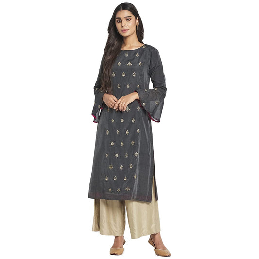 Fabindia Women Cotton Silk Embroidered Slim Fit Long Kurta Grey